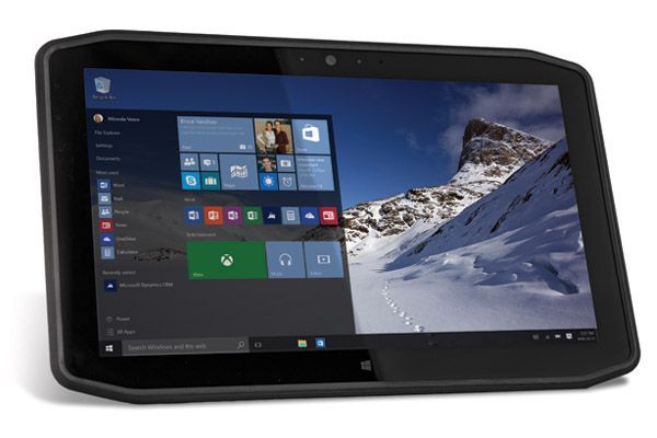 Tablet displaying the Windows 10 Start menu with a snowy mountain wallpaper
