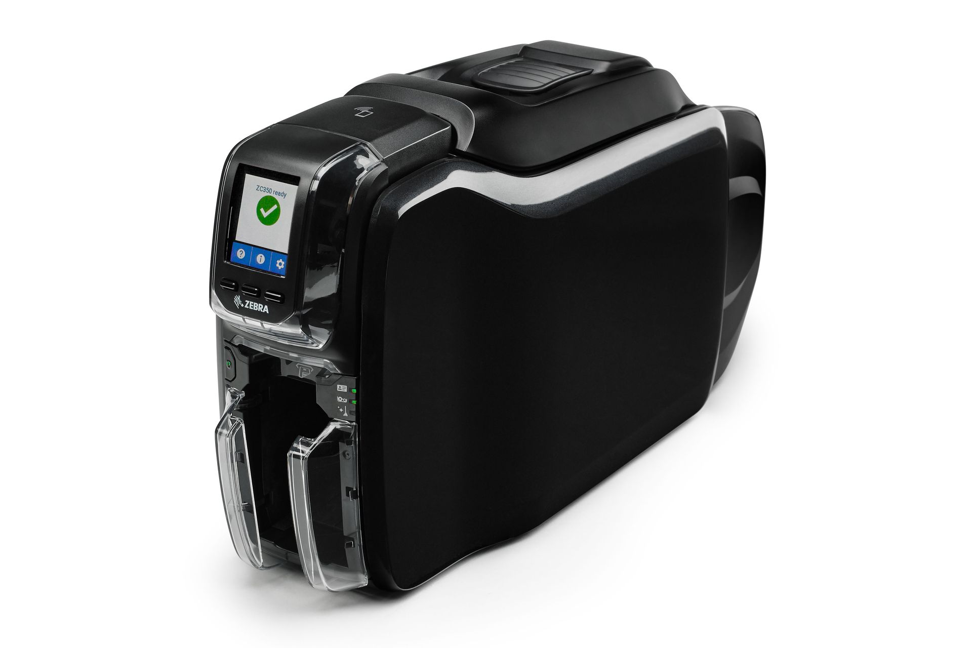 Black portable electronic case with silver trim and front display on a white background