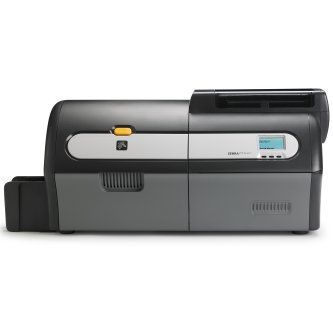 Industrial black and gray printer with a small display, isolated on a white background