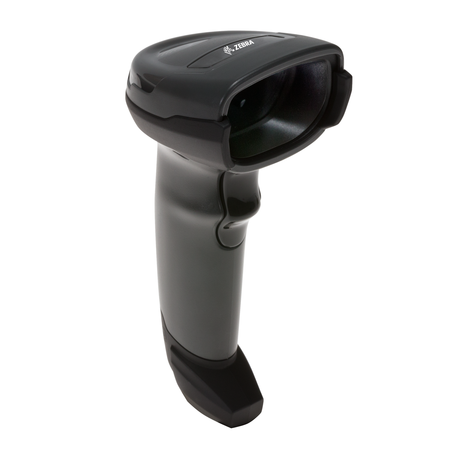 Black handheld barcode scanner with a pistol grip on a white background