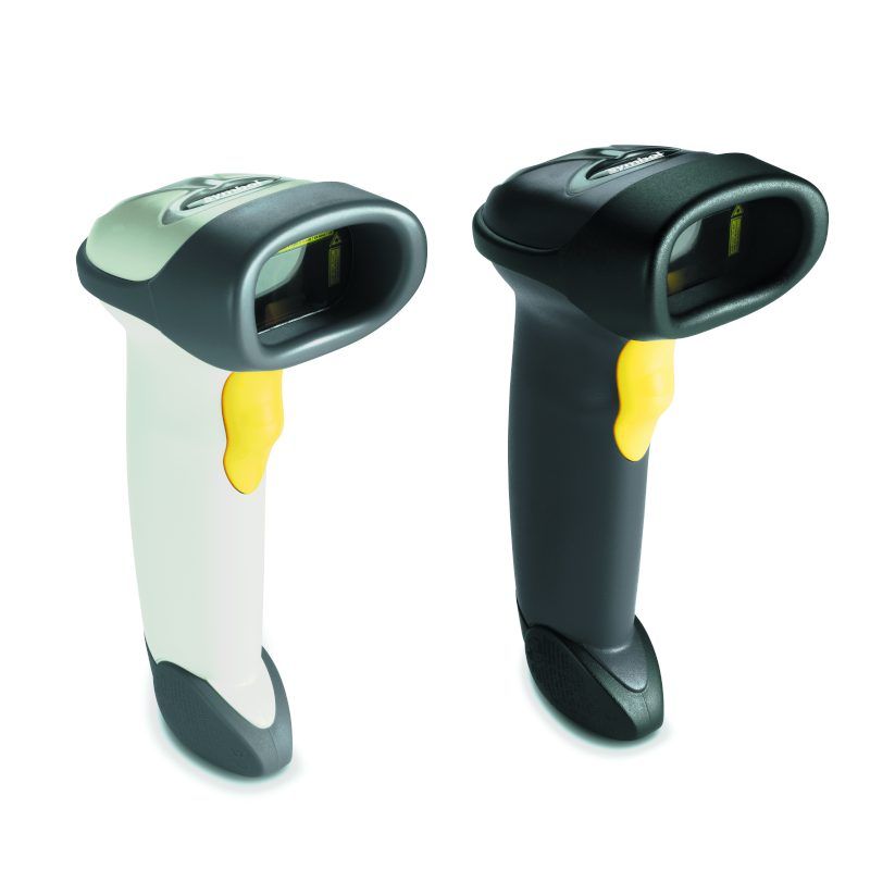Two handheld barcode scanners, one white and one black, shown side by side