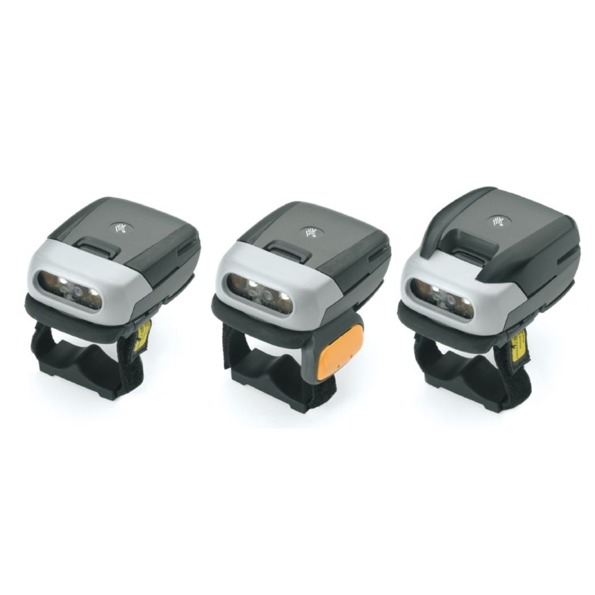 Three gray handheld barcode scanners with black stands, shown side by side