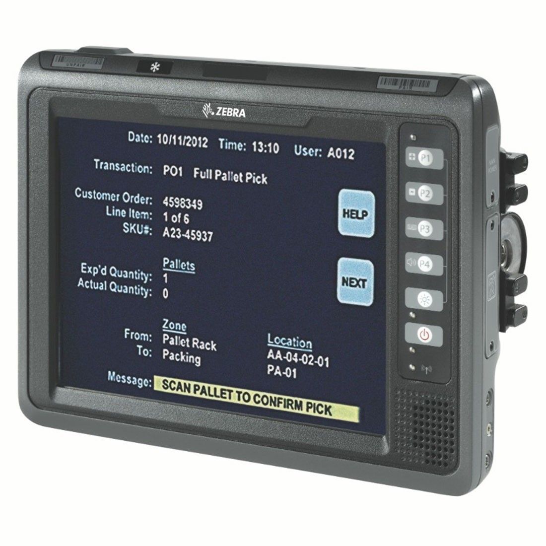 Handheld rugged Zebra scanner displaying order details and a yellow “SCAN PALLET TO CONFIRM PICK” prompt