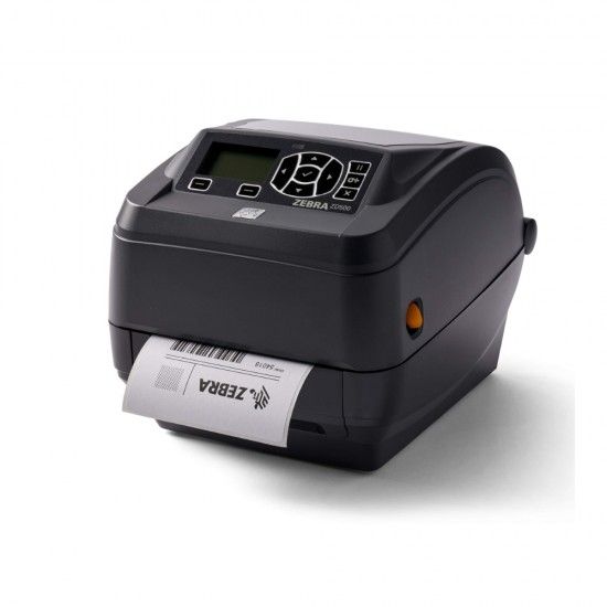 Black desktop label printer printing a roll of labels from the front slot