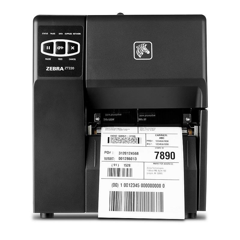 Black Zebra label printer printing a shipping label with barcode and number 7890