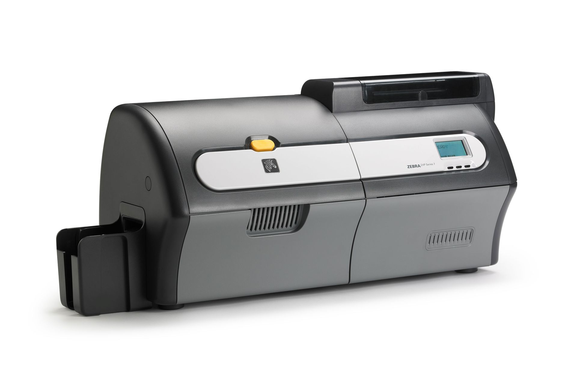 Gray desktop printer with paper tray and control panel, shown on a white background