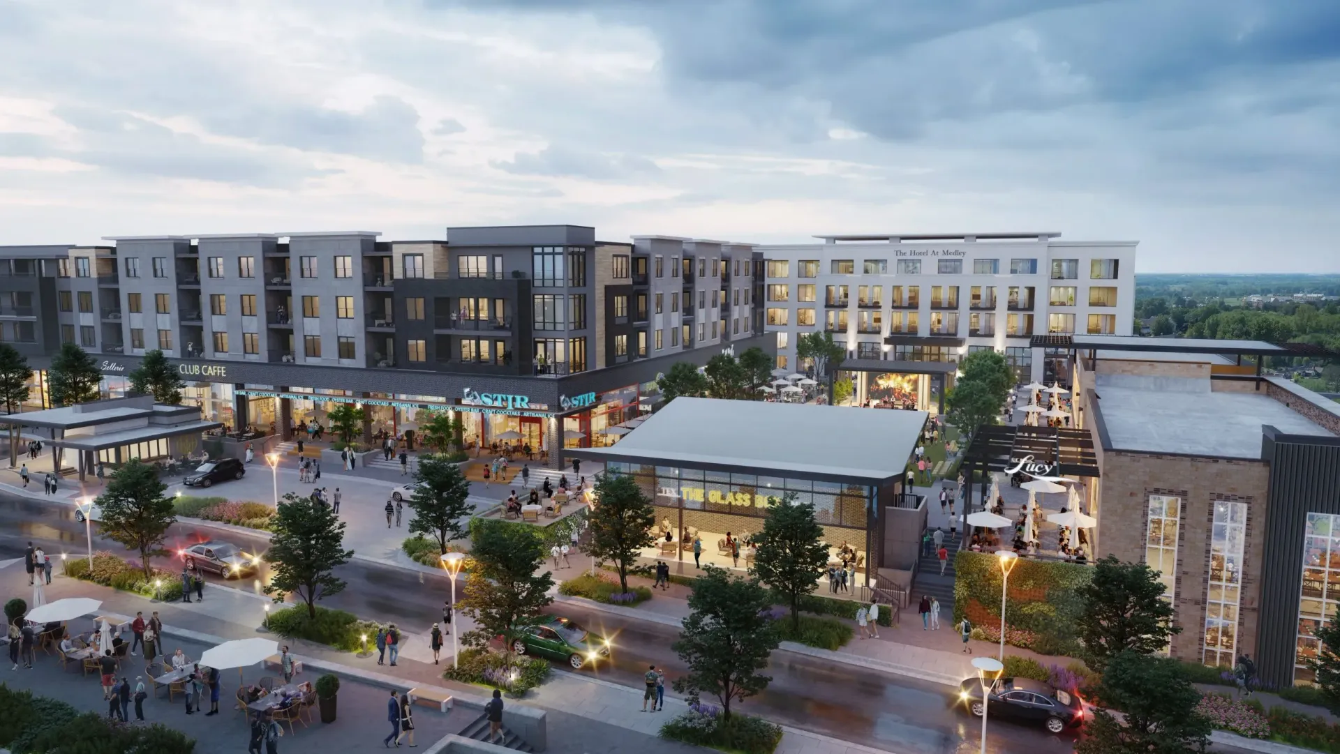 Rendering of a multi-use development with apartments, retail, and hotel.