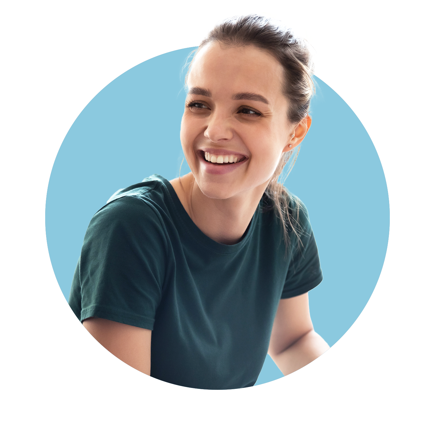 Young woman smiling, facing away the camera