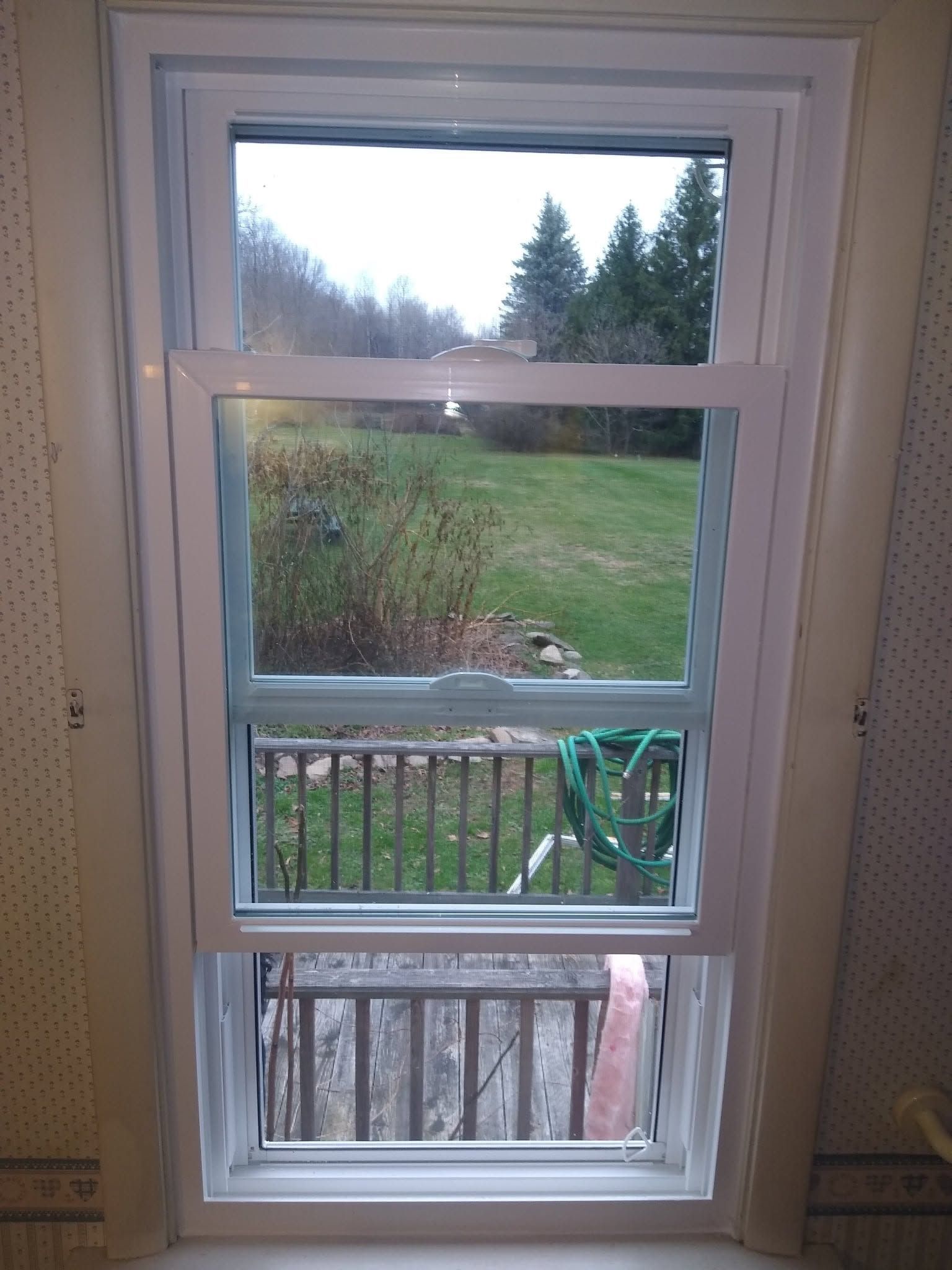 White window overlooking a green yard and deck railing, with a hose visible outside.