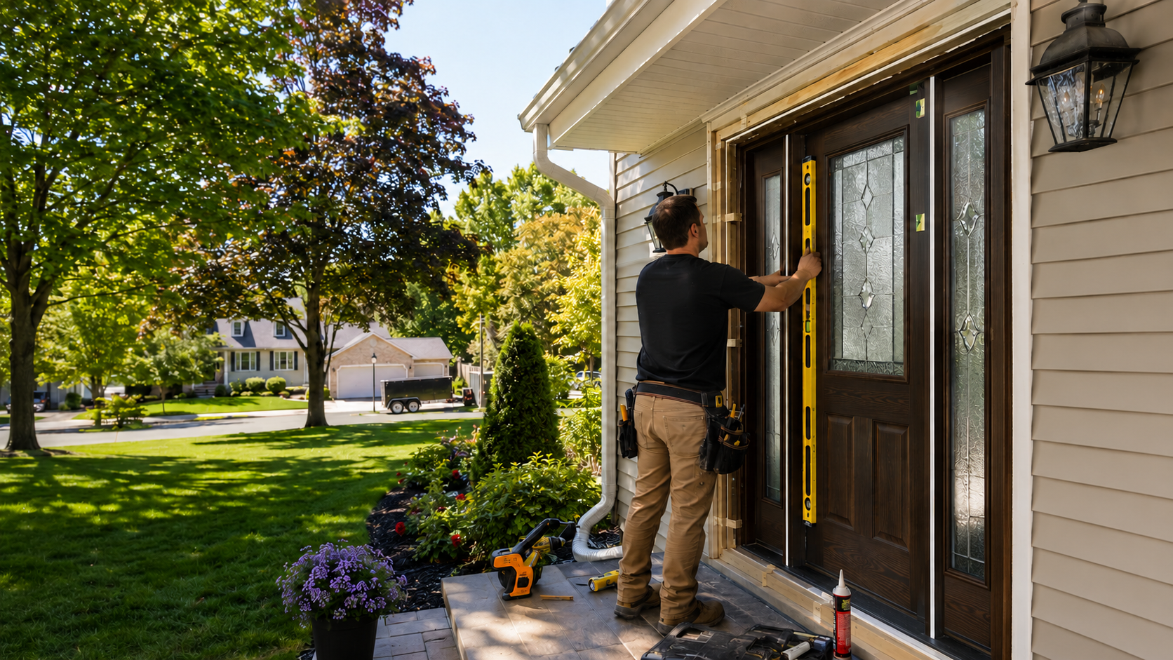 Person unlocking a front door beside a sunny lawn and flowered porch