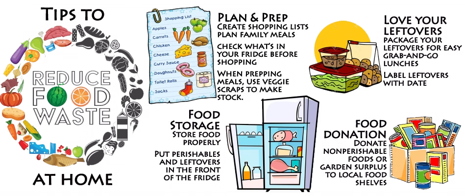 A poster with tips to reduce food waste at home