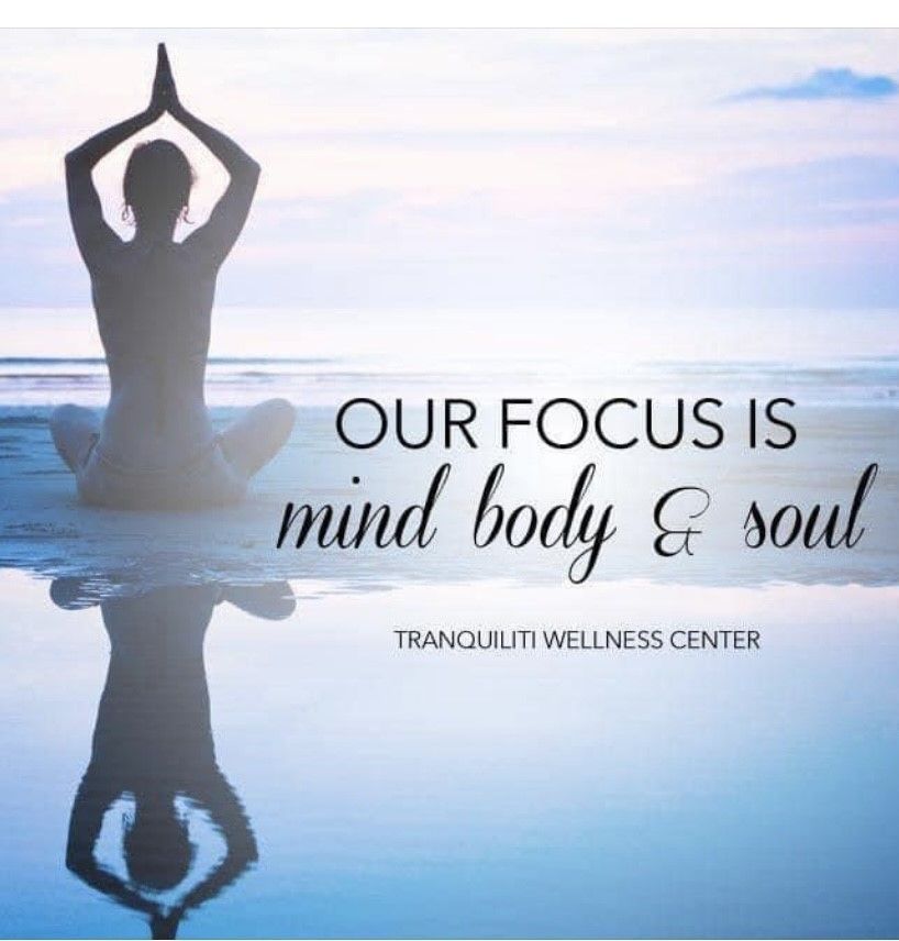 a poster for tranquility wellness center shows a woman meditating on the beach | Mt. Dora, FL | Tranquiliti Healing Arts