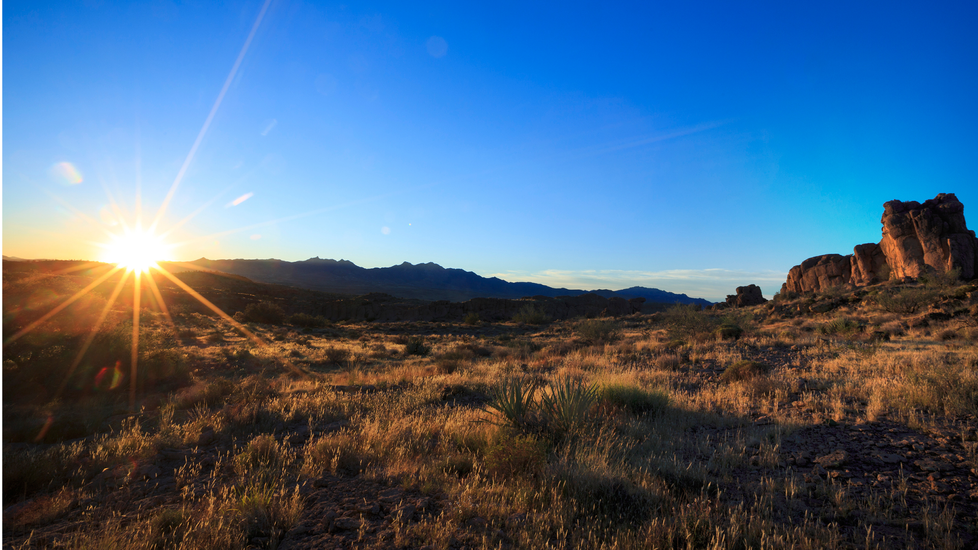 Sunrise over a desert landscape with rocky formations and dry vegetation under a blue sky.