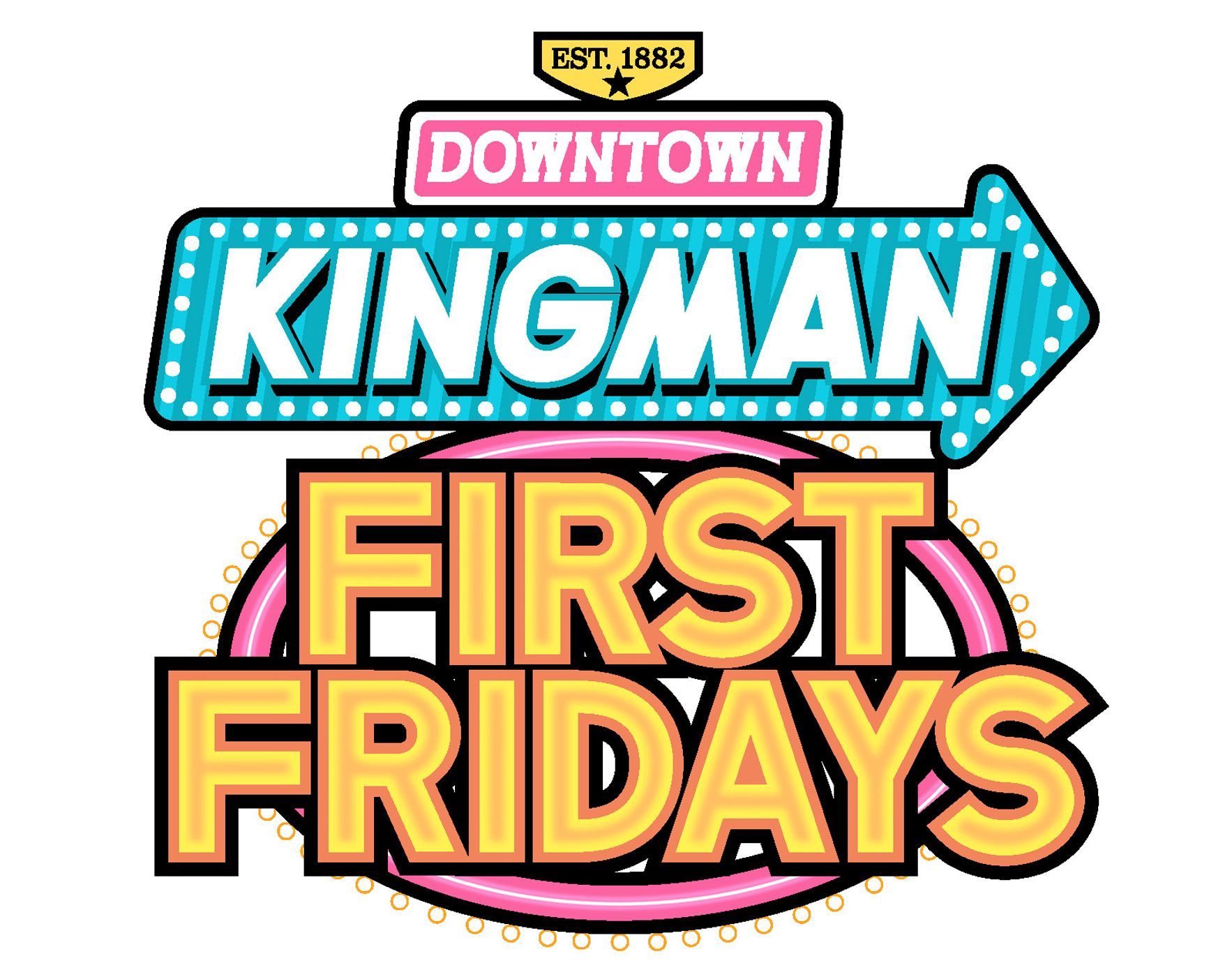 Downtown Kingman First Fridays event logo. Turquoise and pink neon sign style. Includes