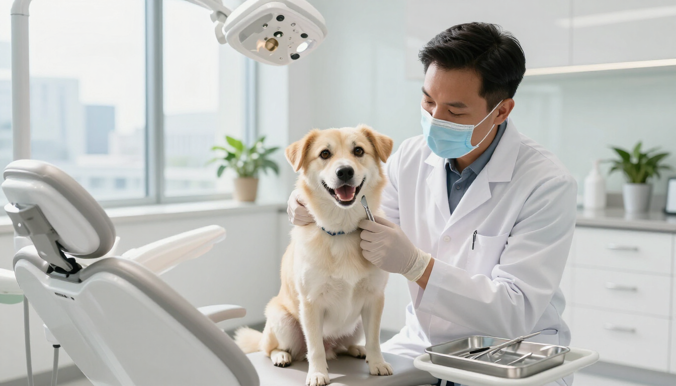 A calm dog receiving a gentle non-anesthetic dental cleaning at Pet Dental Pro Miami.