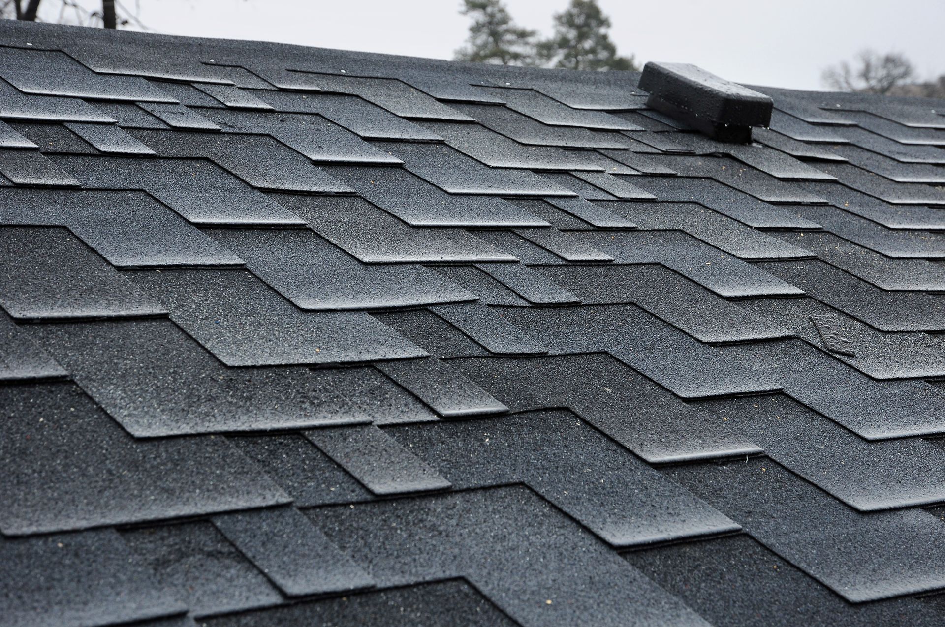 A close-up view of dark, charcoal-colored architectural asphalt shingles on a sloped roof with a small vent.