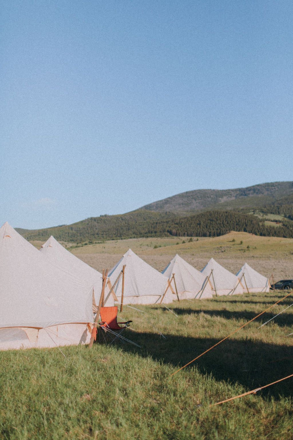 White tents in a grassy field with hills under a clear blue sky.