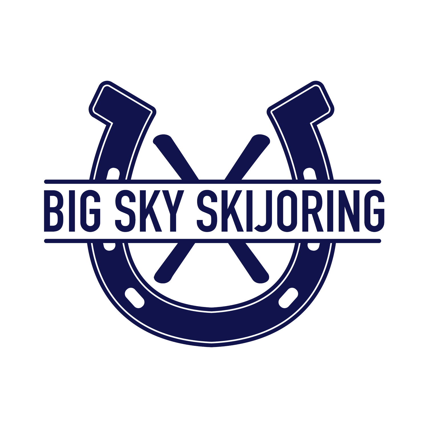 Big Sky Skijoring logo with navy horseshoes and crossed skis behind bold text
