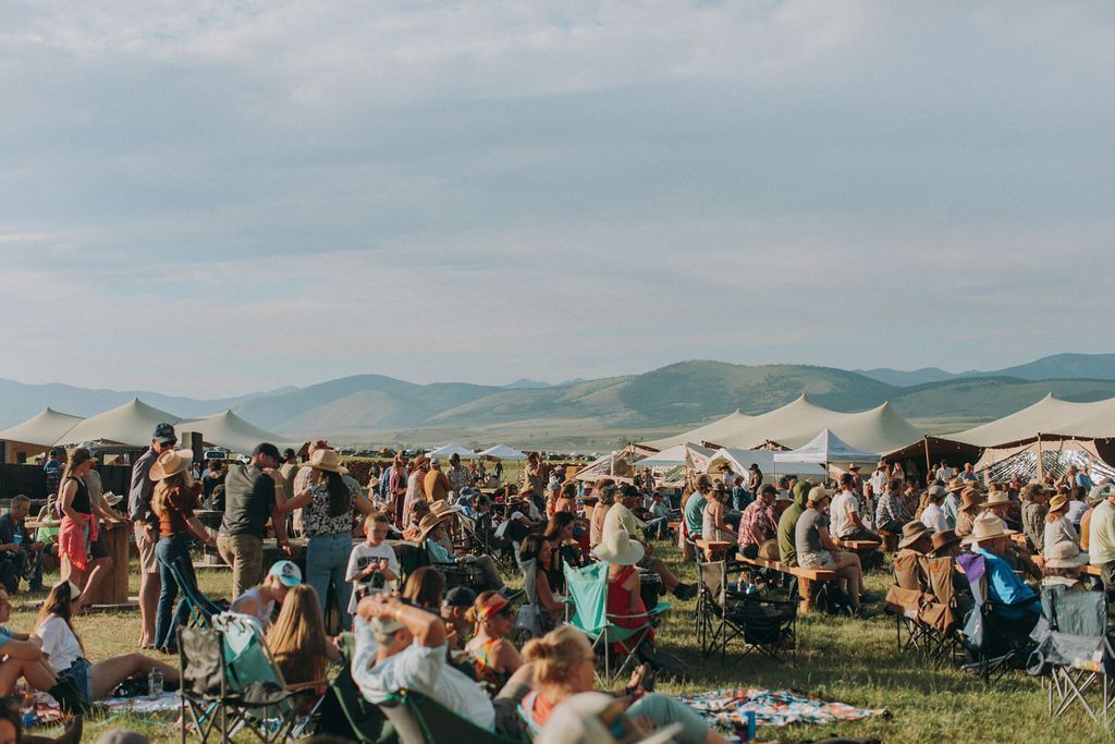 Crowded outdoor music festival on a grassy field with people, tents, and mountains in the distance