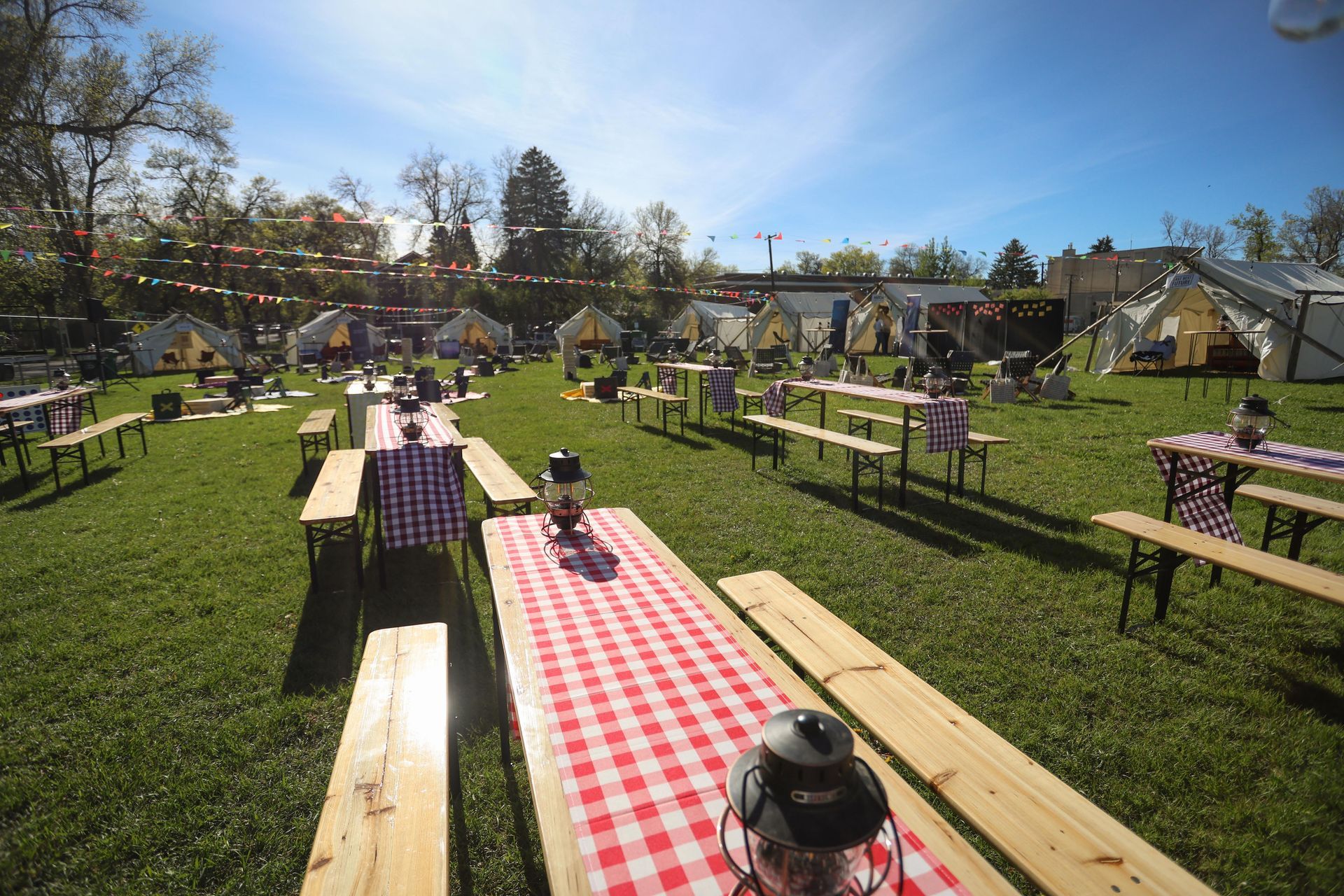 Outdoor picnic area with checkered tables on a sunny lawn, string lights, and tents in the background.