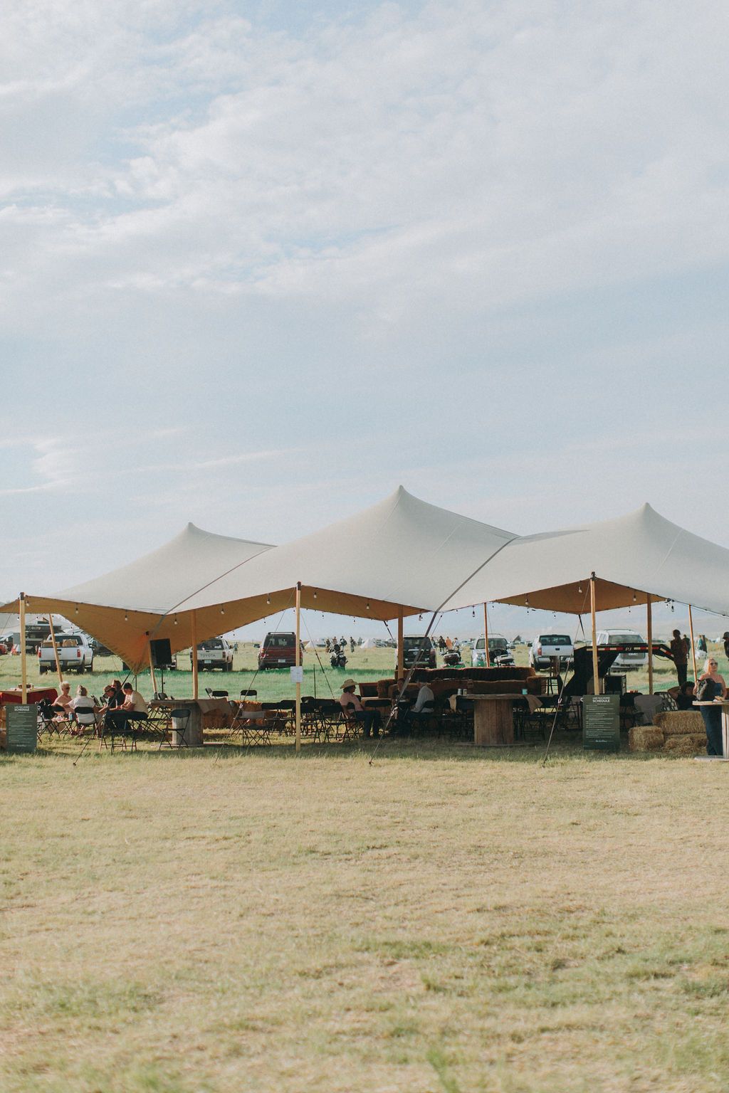 Outdoor market stalls under white canopies on a grassy field with people browsing