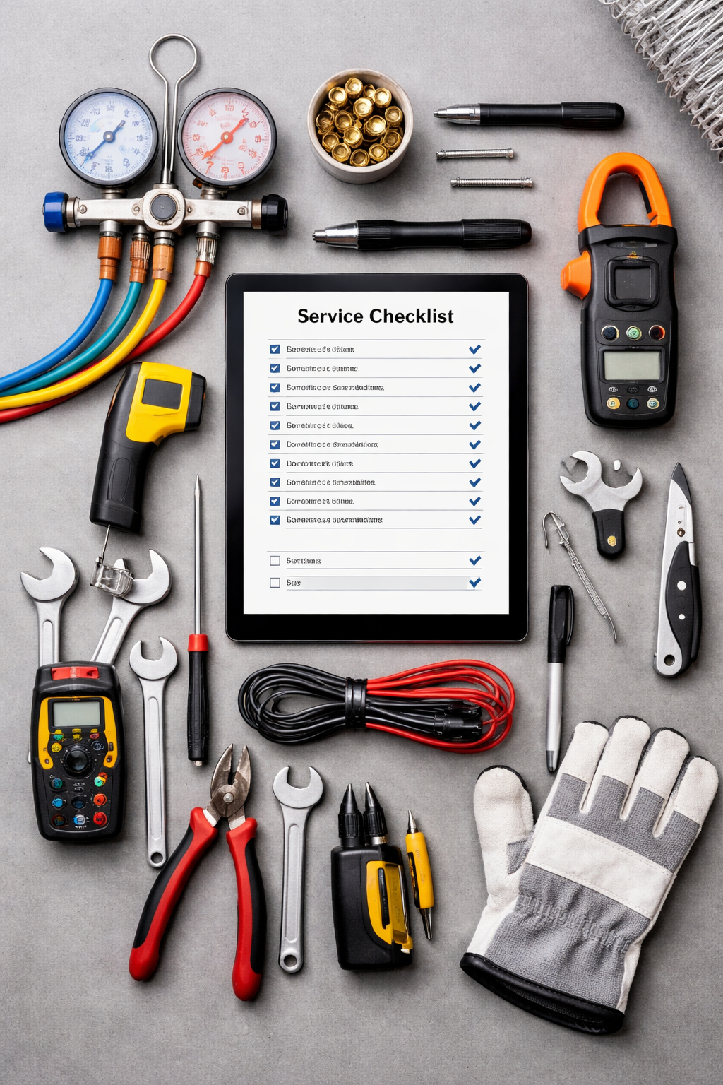 HVAC maintenance tools, including a manifold gauge, multimeter, hand tools, and a service checklist tablet on a grey surface.