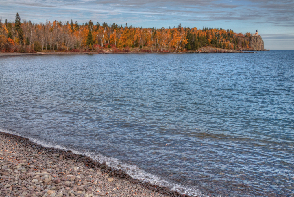 View of Split Rock Lighthouse from the shore in fall