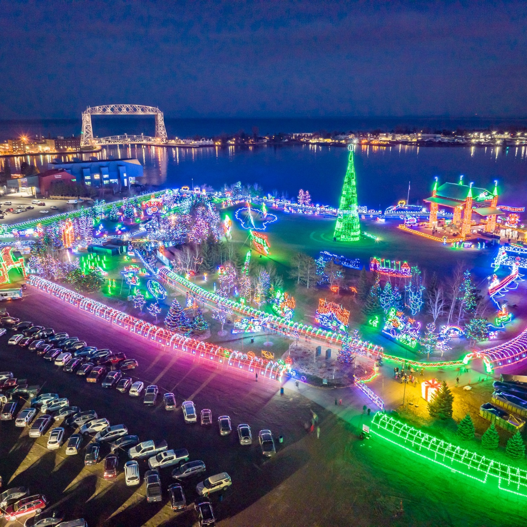 Bentleyville holiday lighting display overlooking Duluth harbor