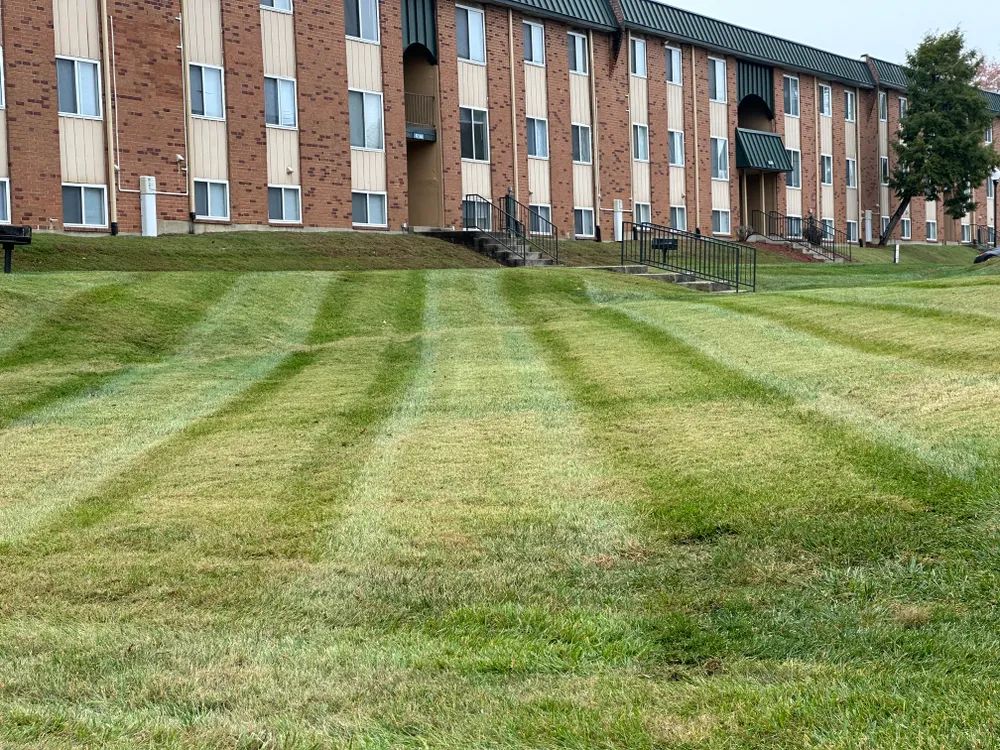 A large brick building with a lush green lawn in front of it.