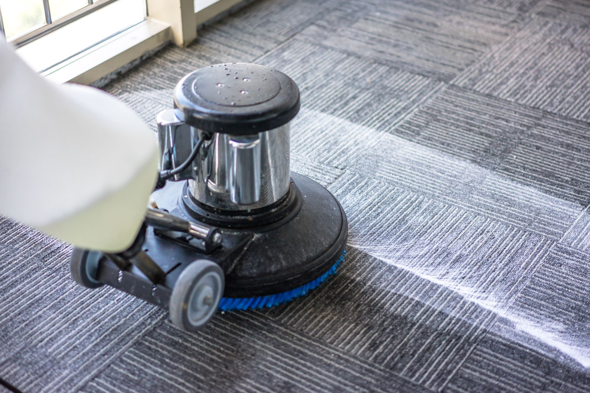 Person using a carpet cleaner on a gray carpet, leaving a wet cleaned path