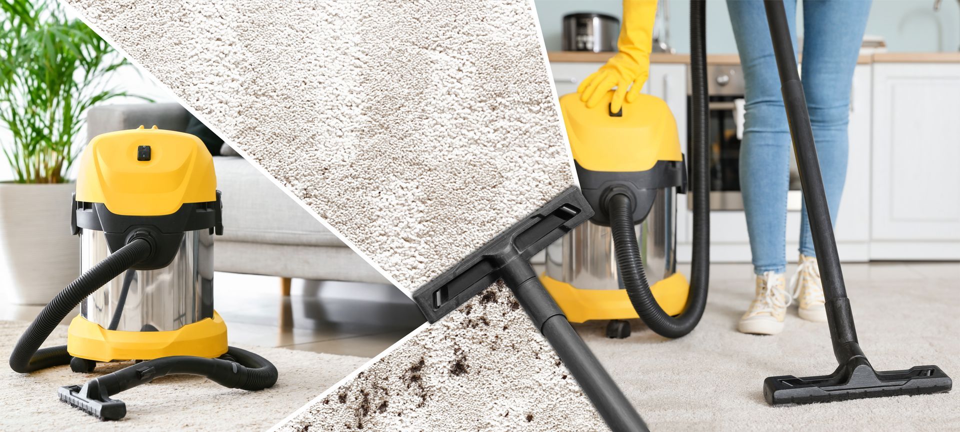 Yellow-and-black vacuum cleaners cleaning a couch and carpet in a bright living room