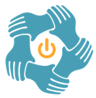 Blue hands arranged in a circle around an orange power symbol