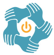 Teal hands forming a circle around an orange power button icon
