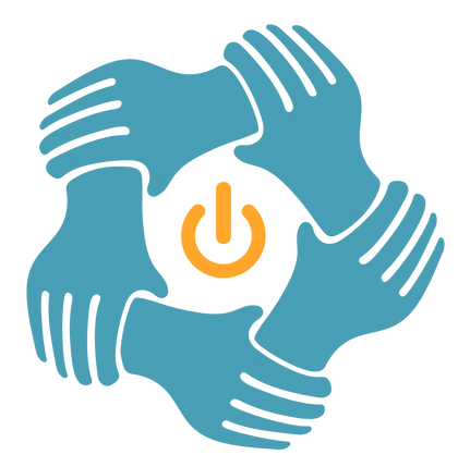 Teal hands forming a circle around an orange power button, representing teamwork and activation.