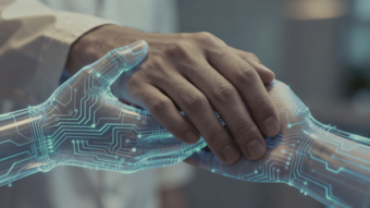 Human hand shaking a glowing blue robotic hand over a blurred tech background