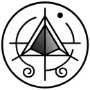 Black geometric pyramid inside a circle with curved lines and a small dot, in a minimalist abstract design.