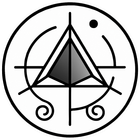 Abstract black-and-white circular logo with a geometric pyramid and decorative lines and swirls