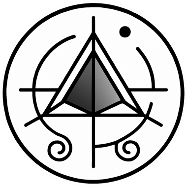 Black geometric pyramid inside a circle with curved lines and a small dot, in a minimalist abstract design.