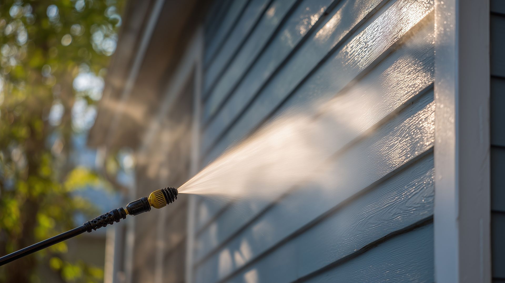 Pressure washer spraying water onto blue house siding outdoors