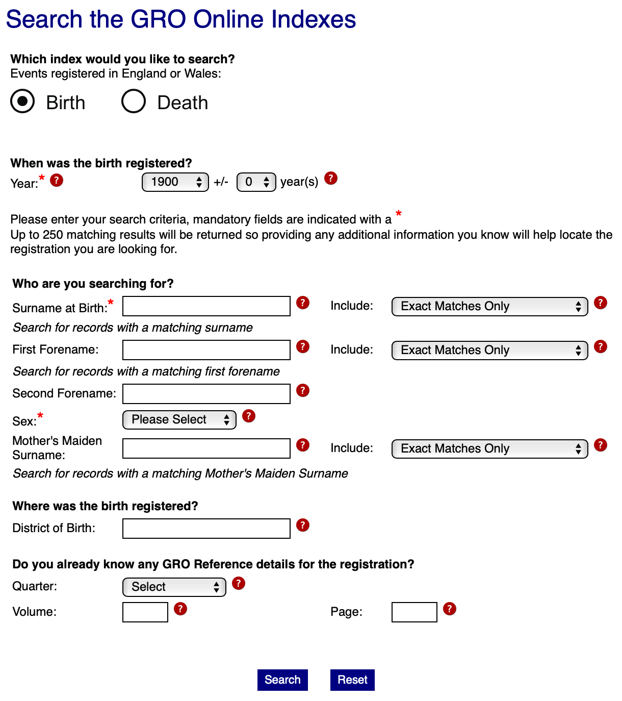 The GRO website's BMD index search screen