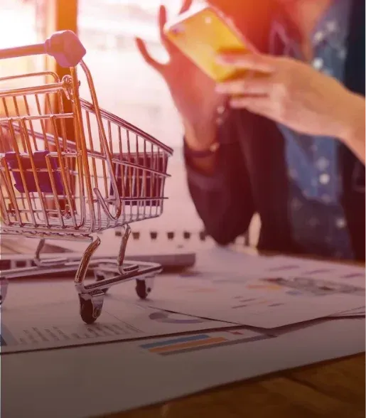 Shopping cart on documents with a person holding a phone in the background, in warm light