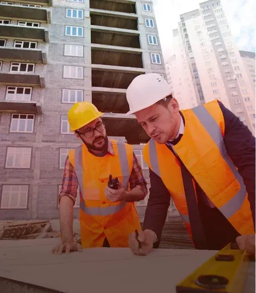 Two construction workers in hard hats and safety vests review plans at a building site.