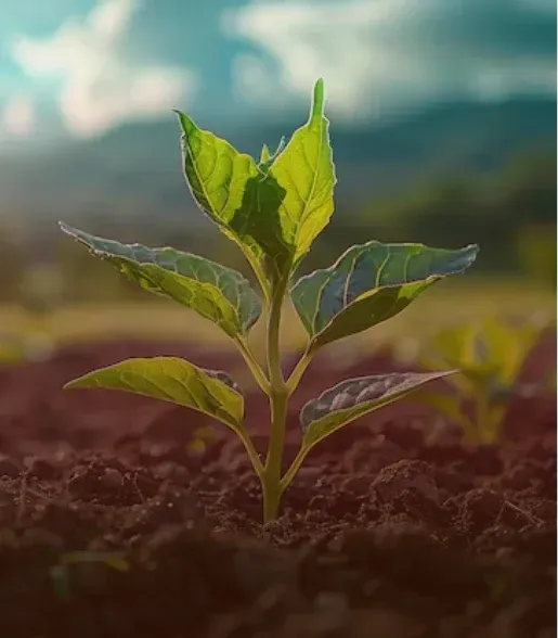 Young green seedling growing in rich soil with blurred sky and mountains behind it