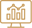Gold line icon of a computer monitor with bar chart and upward trend line