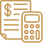 Invoice with dollar sign and calculator icon in tan outline on white background