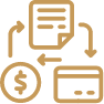 Gold icons of document, dollar sign, and credit card connected by arrows, showing payment flow