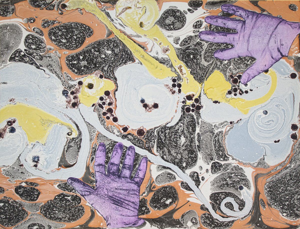Artwork depicting purple-gloved hands, wide fingered gesturing towards active swirling colors in yellow, blue, red