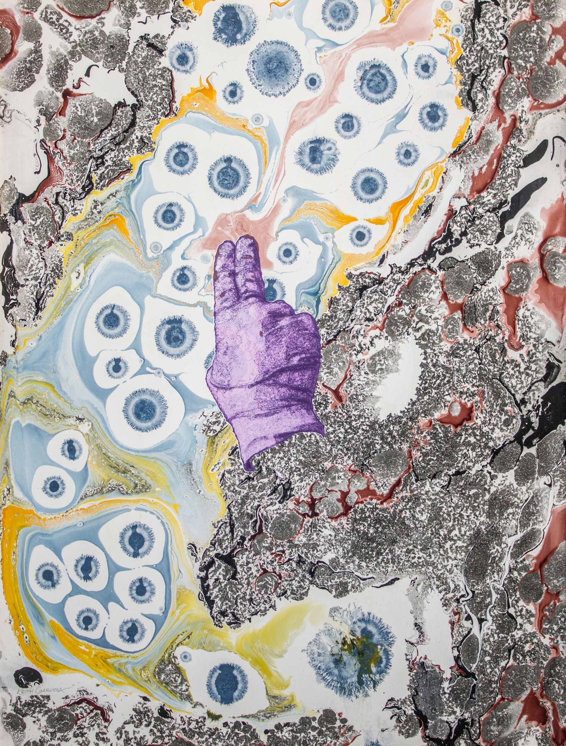 Photo of an artwork depicting a purple gloved hand dragging red paint over a blue and yellow pattern.