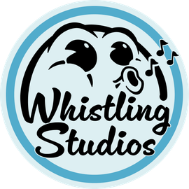 Logo for Whistilng Studios depicting a whistling cartoon character above 