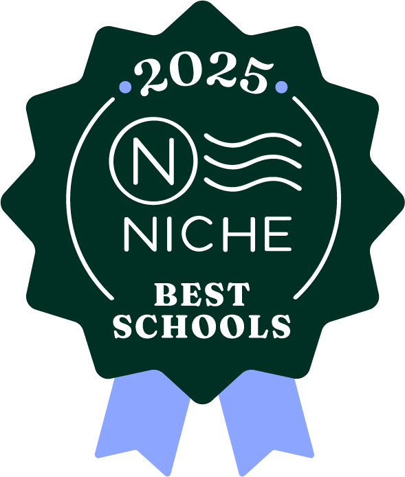 Niche Best Schools 2025 badge. Dark green and white with a blue ribbon. Contains the letter